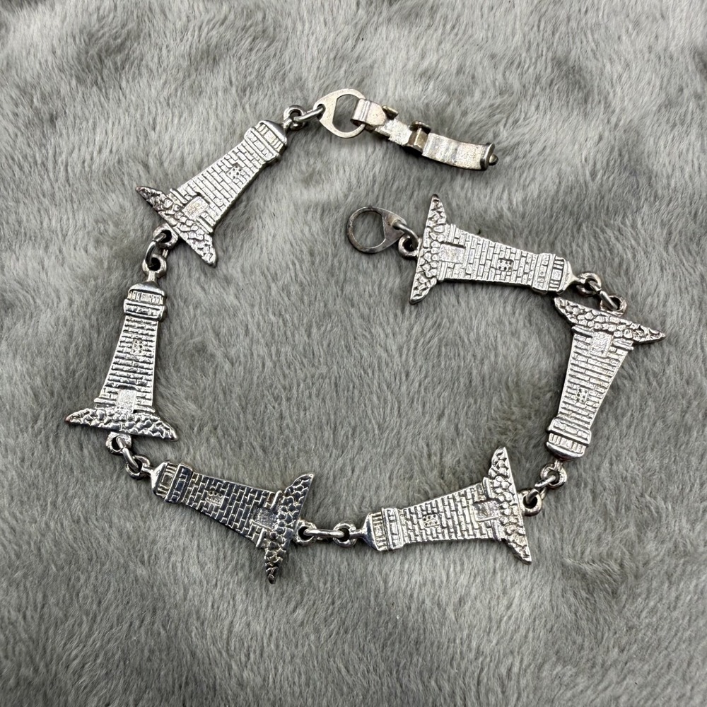 Vintage Nautical Bracelet Silver Tone Lighthouse Charm Signed SJ 7"